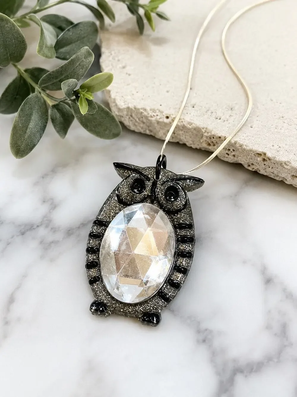 Silver glitter owl resin pendant with rhinestone center